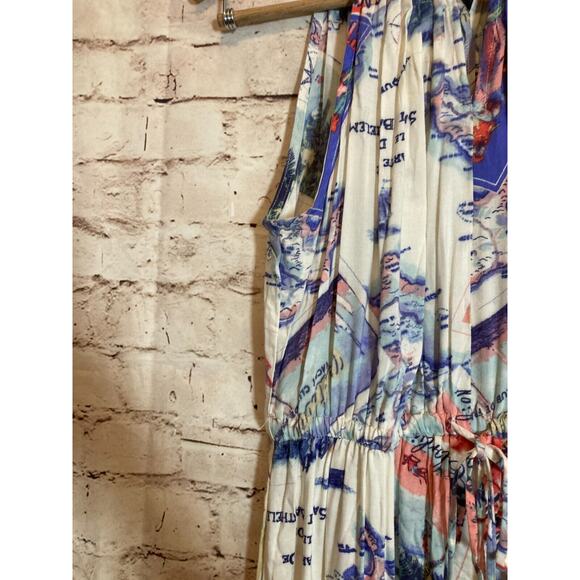 Peter Som Maxi Dress Womens Medium Blue Carribean Beach Scene Tie Back Halter - Picture 9 of 16